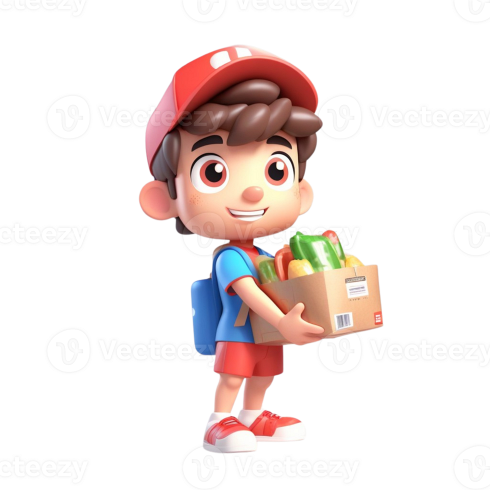 AI generated 3d rendering a boy carrying food packages to be delivered on isolated transparent background png, generated with AI png