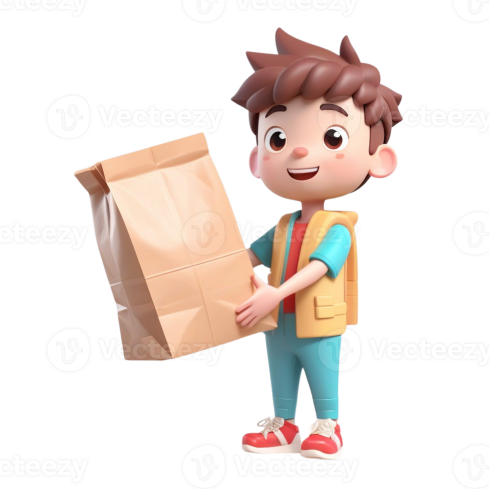 AI generated 3d rendering a boy carrying food packages to be delivered on isolated transparent background png, generated with AI png