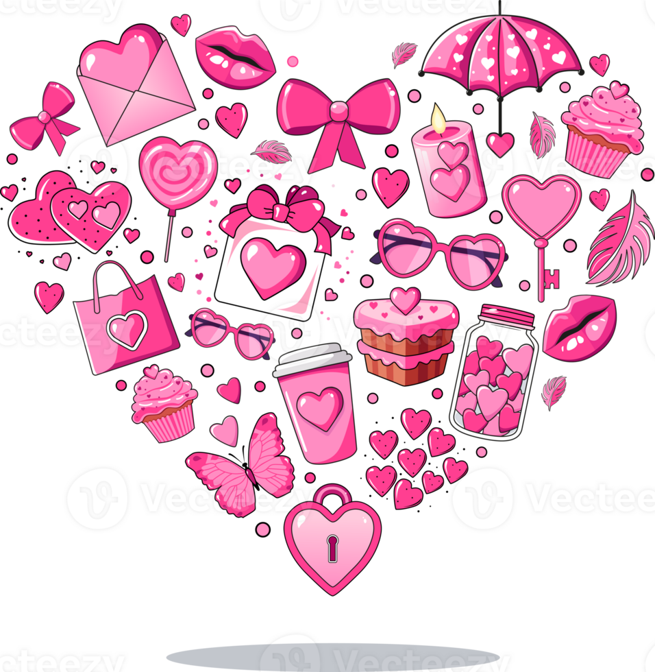 heart made of pink doodle elements for Valentine day. Flat design element. Minimal cartoon illustration for design web banner and greeting card png