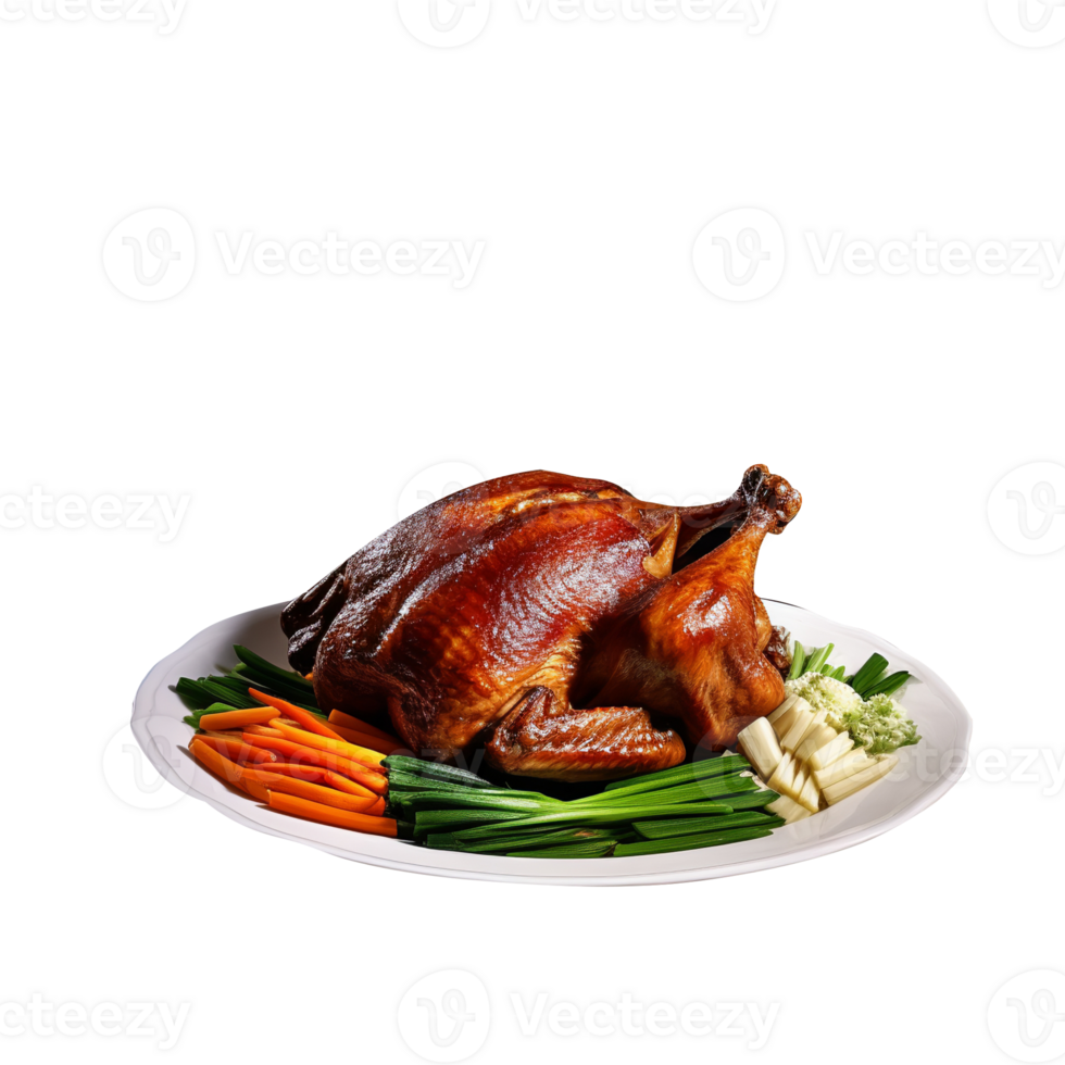 Baked whole chicken with mushrooms isolated on background png