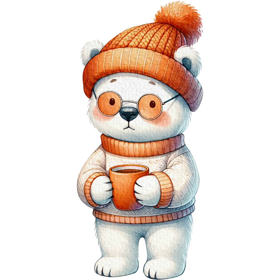 AI generated Polar Bear waering sunglass in sweater holding coffee mug character watercolor png