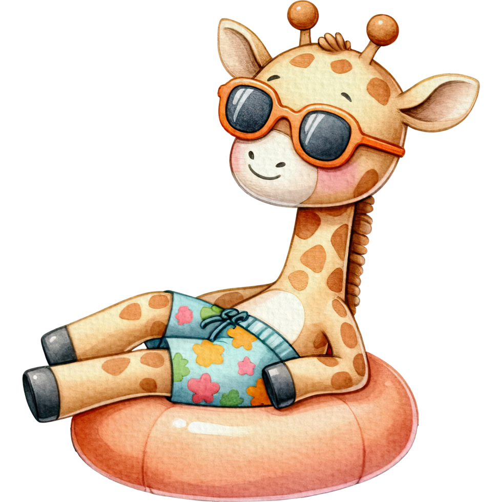 AI generated Giraffe chubby cute lounging on a pool float watercolor png