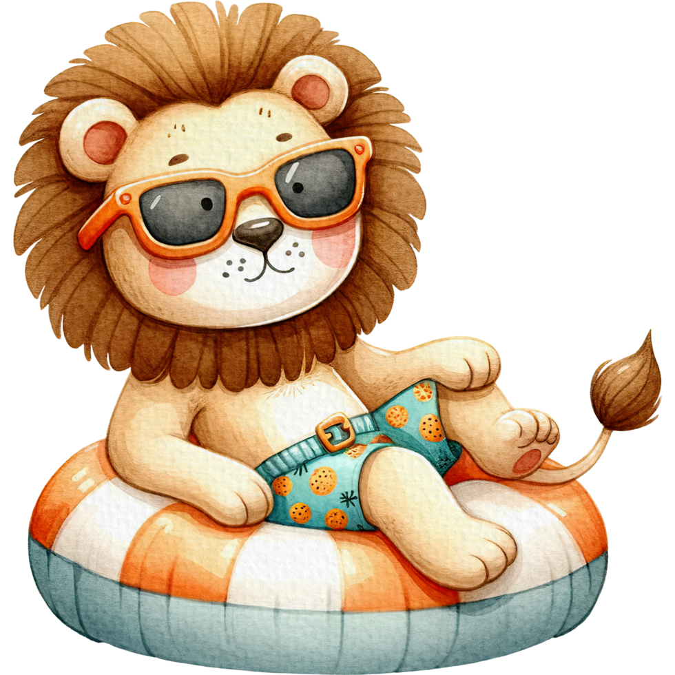 AI generated Lion  chubby cute lounging on a pool float watercolor png