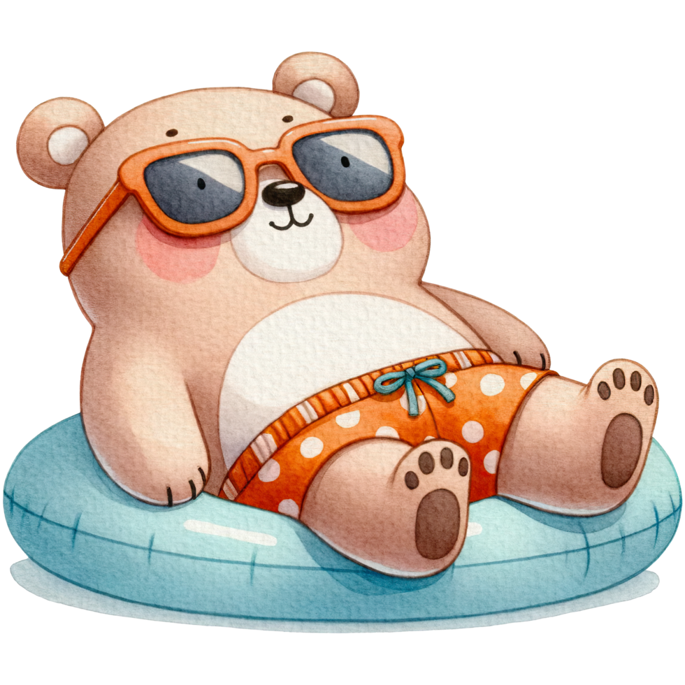 AI generated Bear chubby cute lounging on a pool float watercolor png