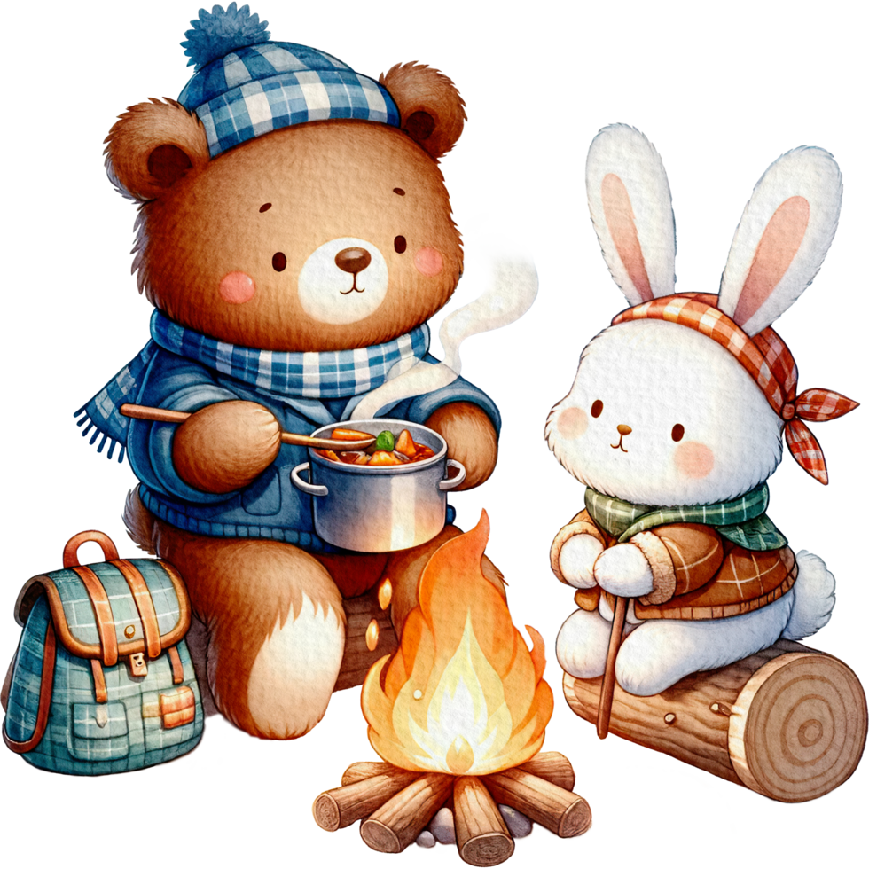 AI generated Bear and rabbit sitting around campfire with a pot of stuw character watercolor png