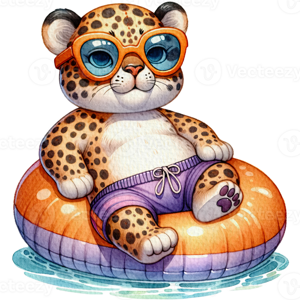 AI generated Leaopard  chubby cute lounging on a pool float watercolor png