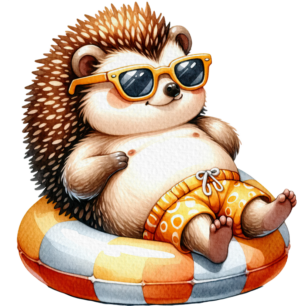 AI generated Hedgehog chubby cute lounging on a pool float watercolor png