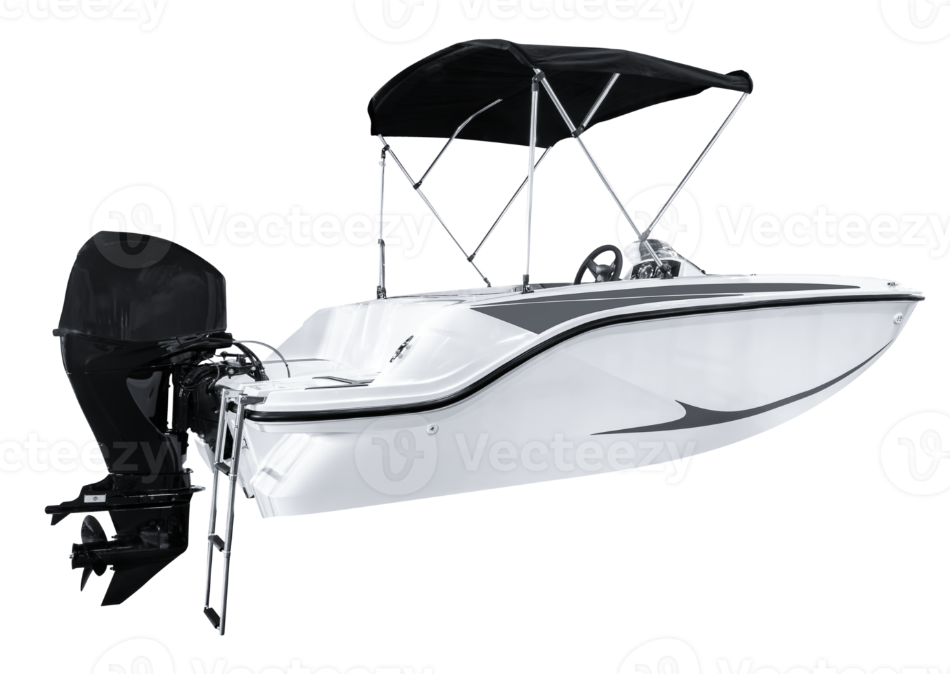 Side view white yacht with black outboard engine png