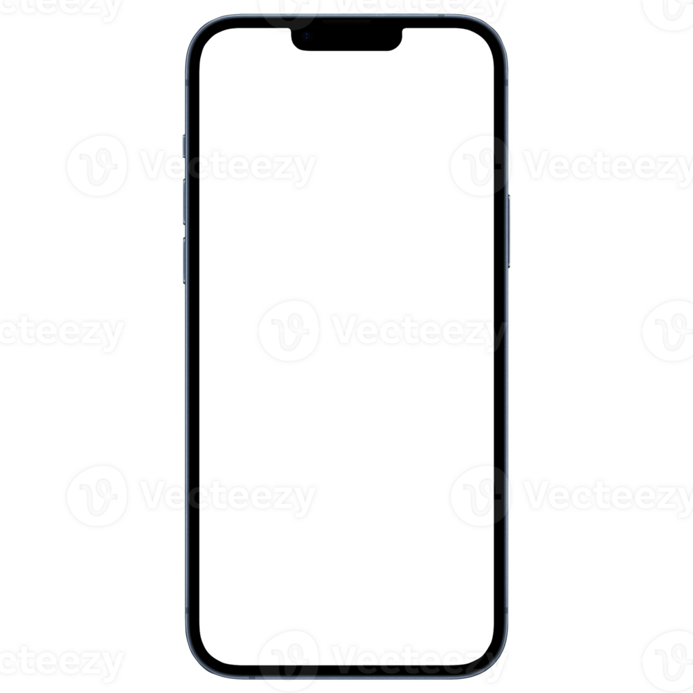 Front side view photo of blue smartphone or mobile phone without background. Template for mockup png