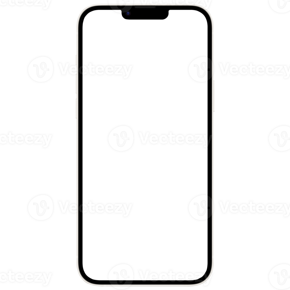 Front side view photo of white smartphone or mobile phone without background. Template for mockup png