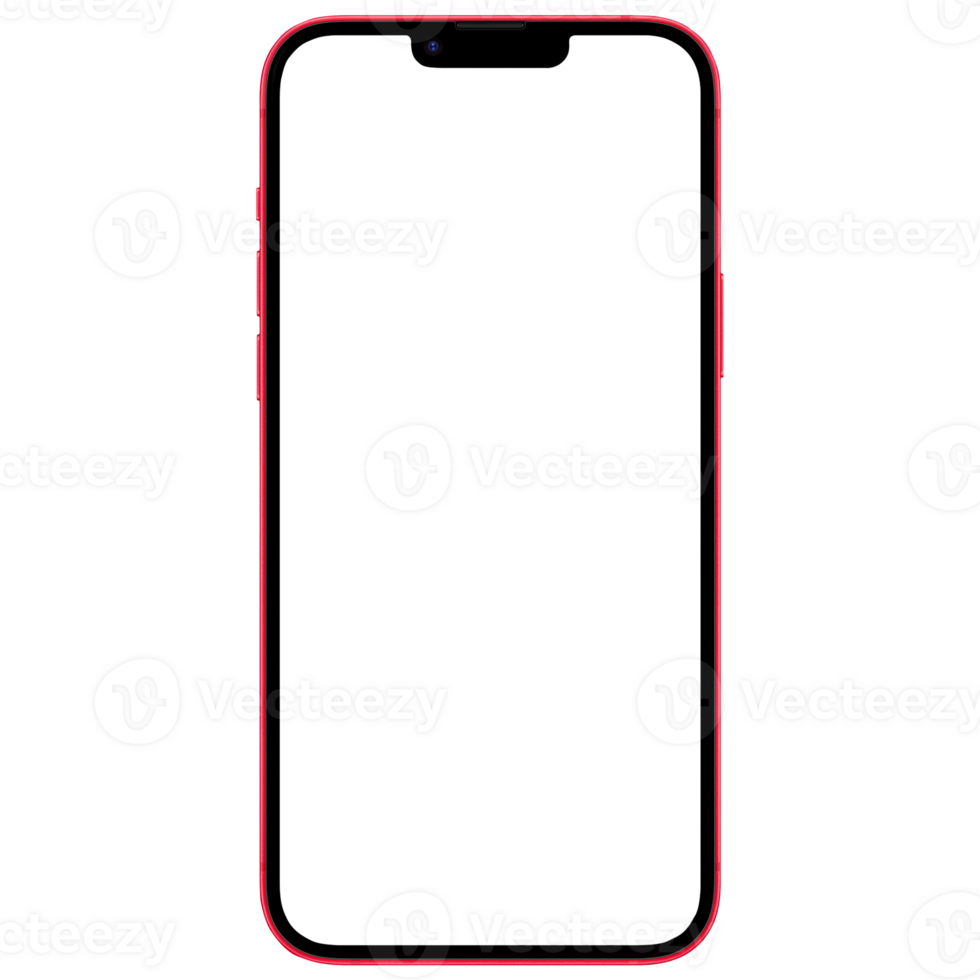 Front side view photo of red smartphone or mobile phone without background. Template for mockup png