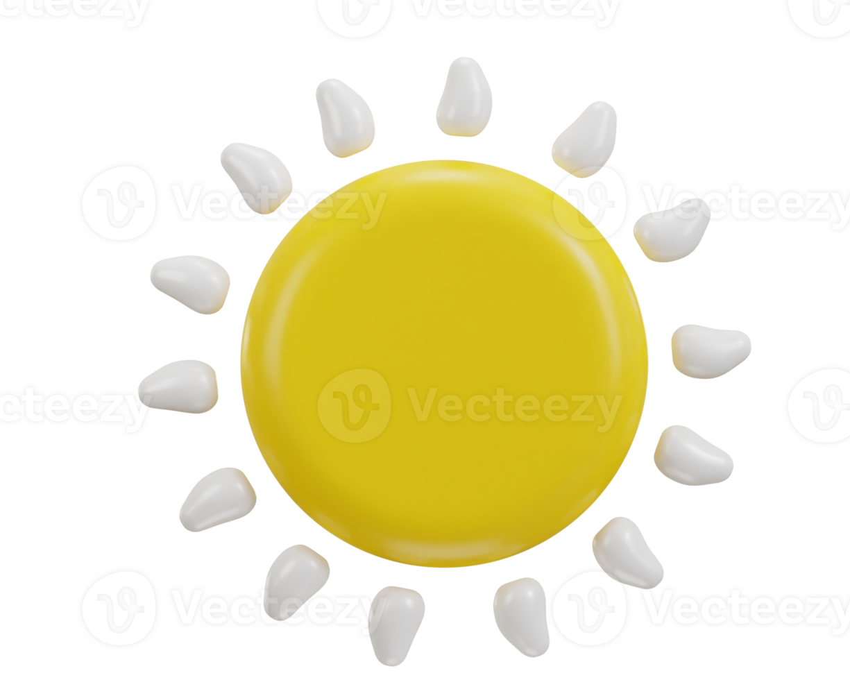 3D yellow sun with white rays. Meteorological concept hot summer 3d icon png