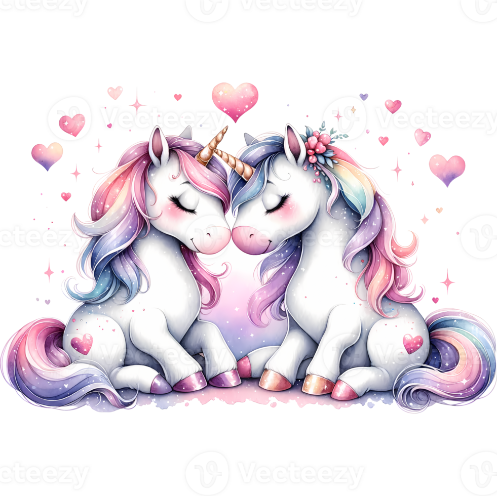 AI generated Cute unicorns in love with hearts png