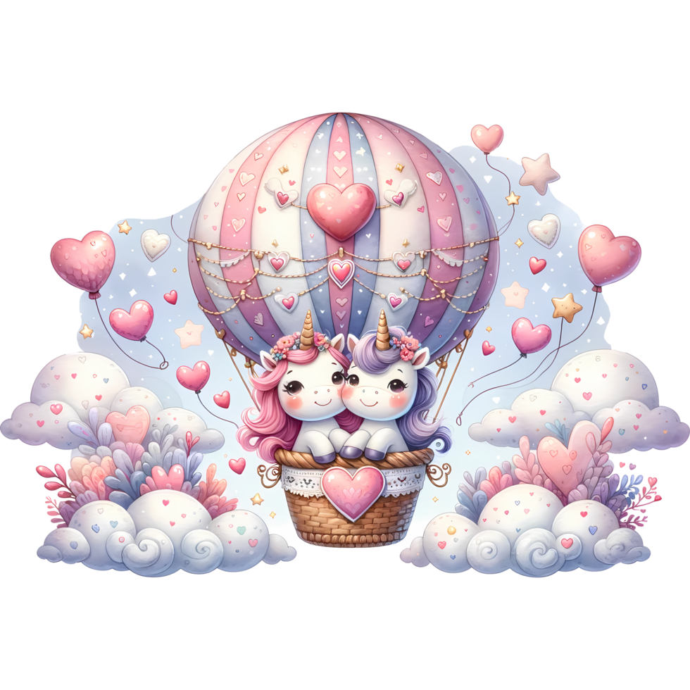 AI generated Cute cartoon unicorn in a hot air balloon with hearts and stars png