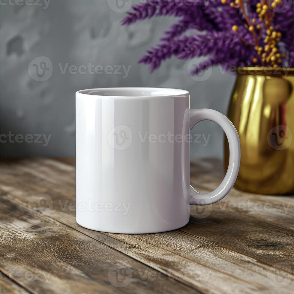 AI generated White mug mockup on wooden table on Bokeh Mardi Gras background photo