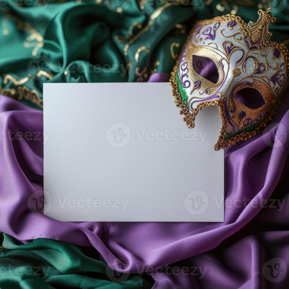 AI generated White greeting card mockup surrounded by Mardi Gras decorations photo