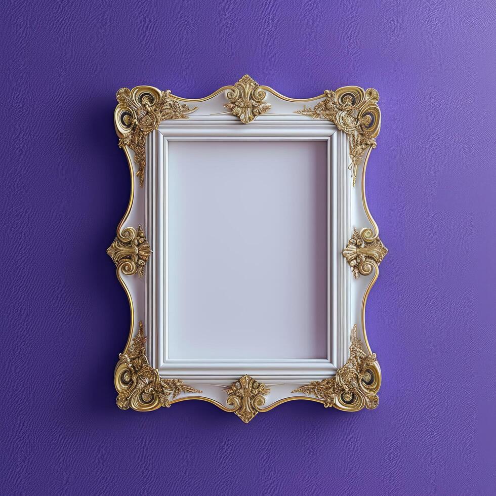 AI generated Antique white photo frame mockup on purple wall