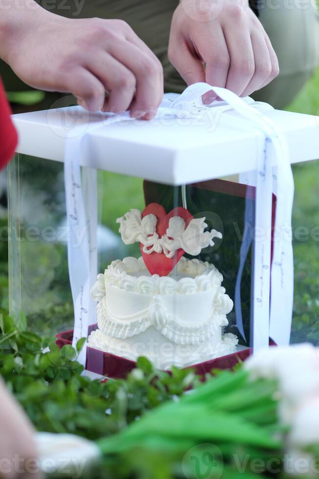 a person placing a cake in a clear box photo