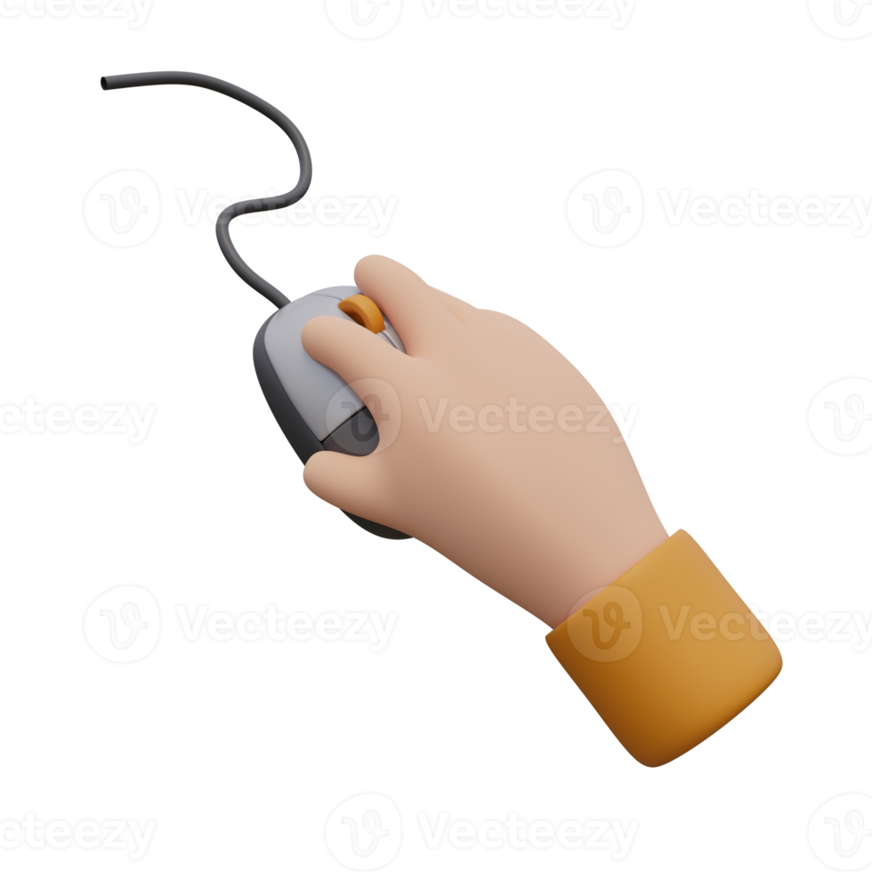 3d render illustration of human hand click on computer mouse with cable. Technology concept. Illustration for web or app design. Hand holding mouse png