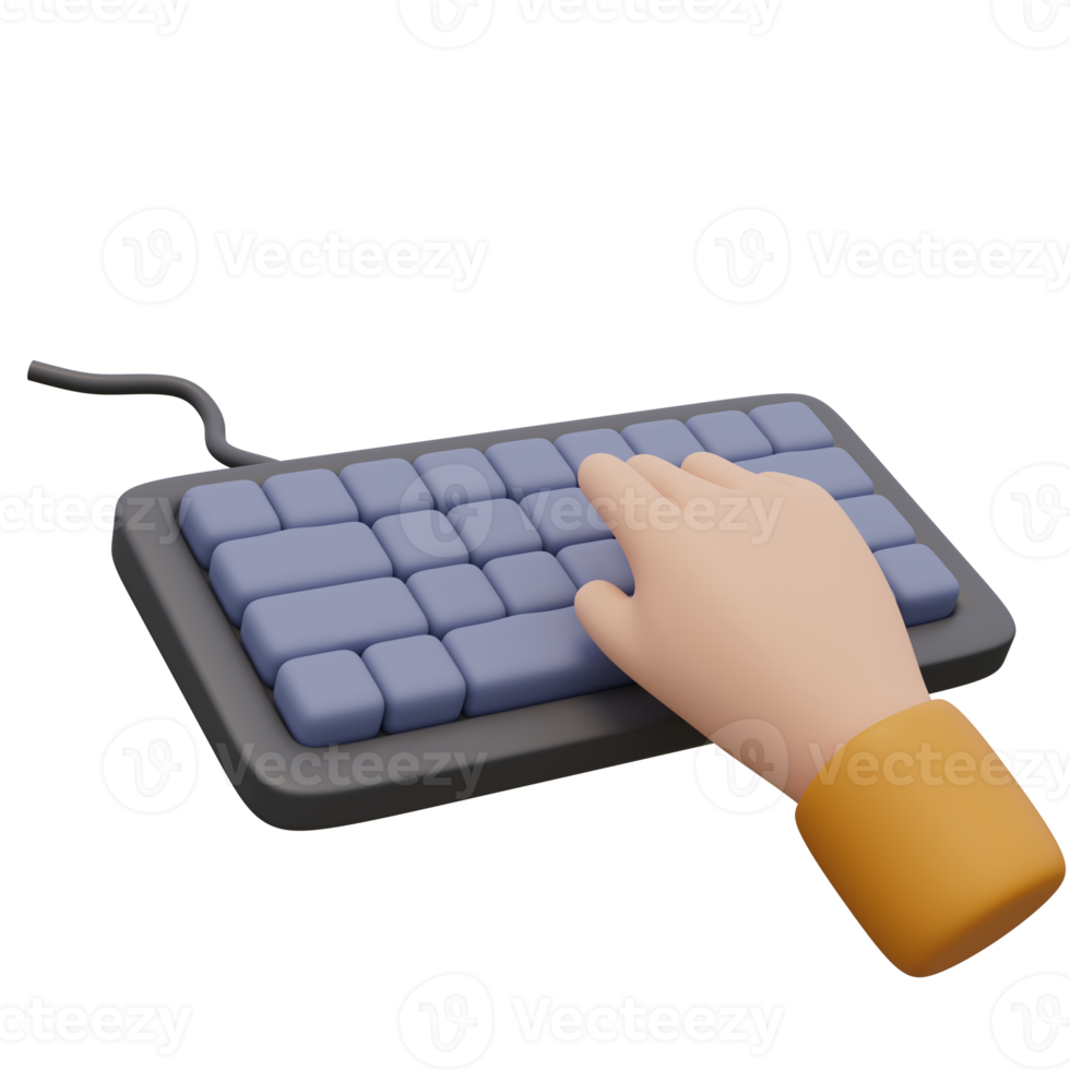 3d render illustration of human hand typing on computer keyboard with cable. Technology concept. Illustration for web or app design png