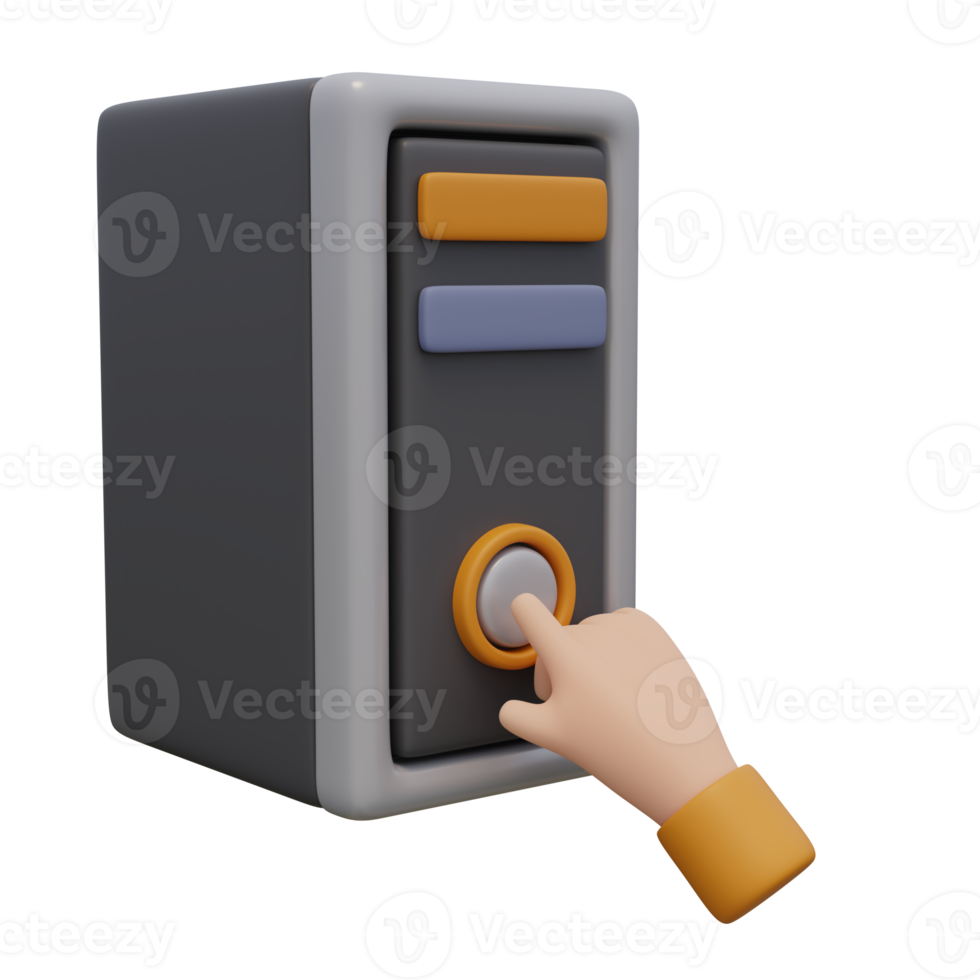 3d render illustration of human hand press button on pc tower. Technology concept. Illustration for web or app design. Turn on the computer png