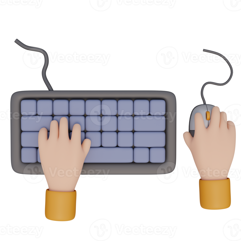 3d render illustration of human hand typing on computer keyboard with cable and hand holding a mouse. Technology concept. Illustration for web or app design png
