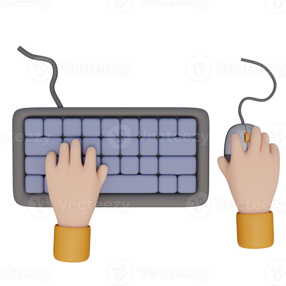 3d hacer ilustración de humano mano mecanografía en computadora teclado con cable y mano participación un ratón. tecnología concepto. ilustración para web o aplicación diseño png