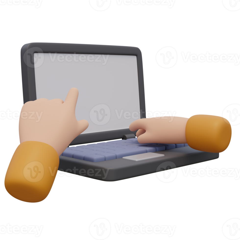 3d render illustration of human hand typing on keyboard and pointing a finger at screen of laptop. Technology concept. Illustration for web or app design png