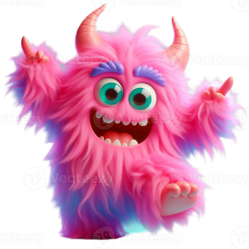 AI generated pink monster with horns and big eyes. Cute pink furry monster 3D cartoon character png