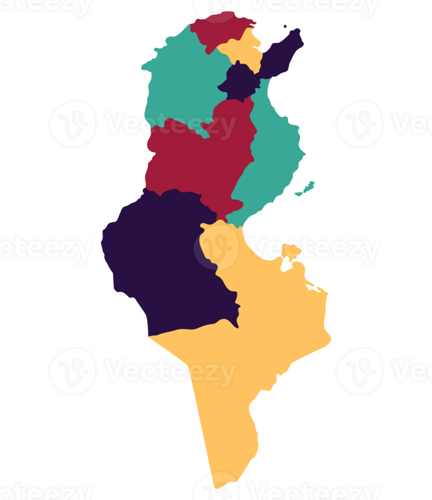 Tunisia map. Map of Tunisia in four main regions in multicolor png