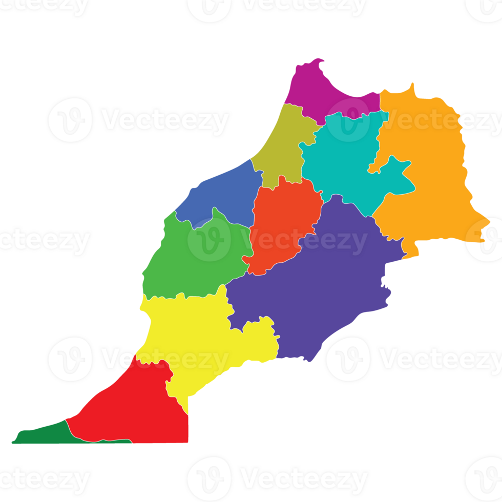 Morocco map. Map of Morocco in administrative provinces in multicolor png