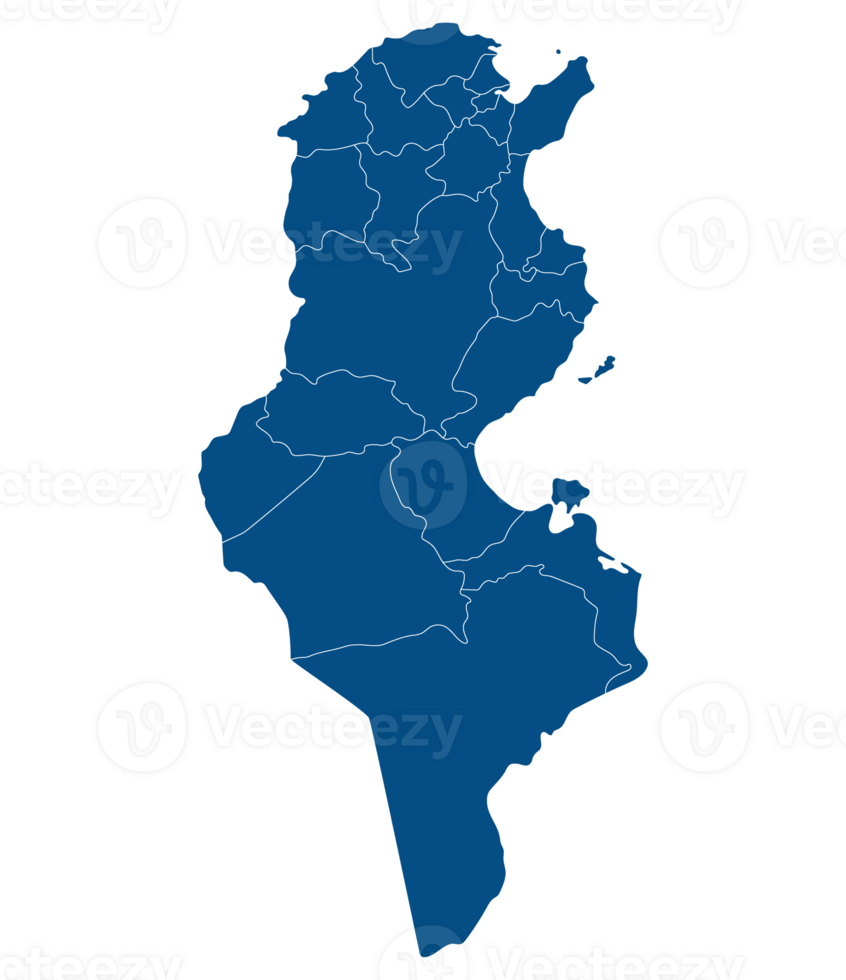 Tunisia map. Map of Tunisia in administrative provinces in blue color png