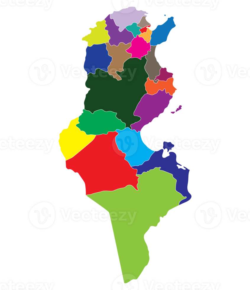 Tunisia map. Map of Tunisia in administrative provinces in multicolor png