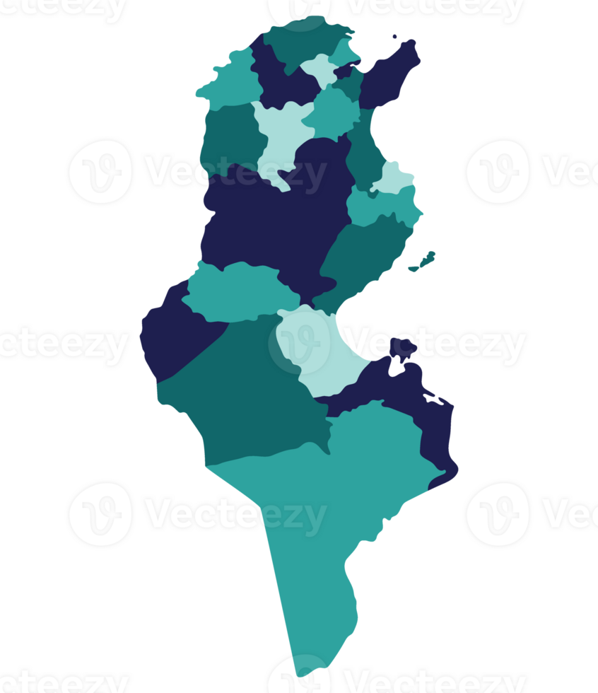 Tunisia map. Map of Tunisia in administrative provinces in multicolor png