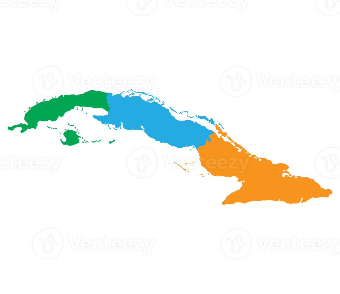 Cuba map. Map of Cuba in three main regions in multicolor png