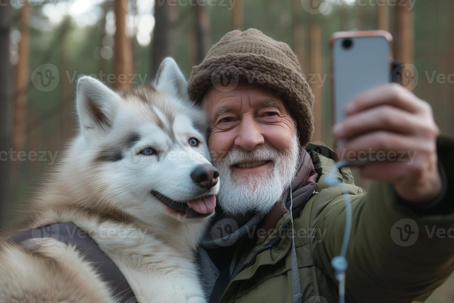 ai generado mayor hombre con blanco fornido perro en su brazos tomando un selfie con móvil teléfono. foto