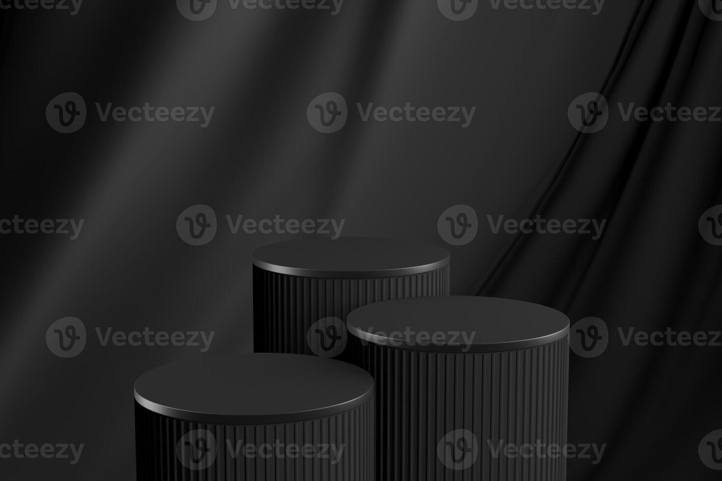 Three black cylindrical pallet on a black velvet curtain backdrop. Abstract background for product presentation. 3D rendering photo