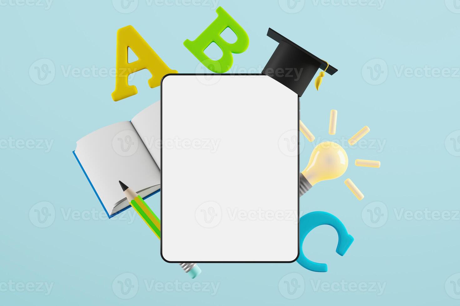 Tablet or mobile for online learning, free space for editors. Online education concept. 3Drendering and clipping path each element. photo
