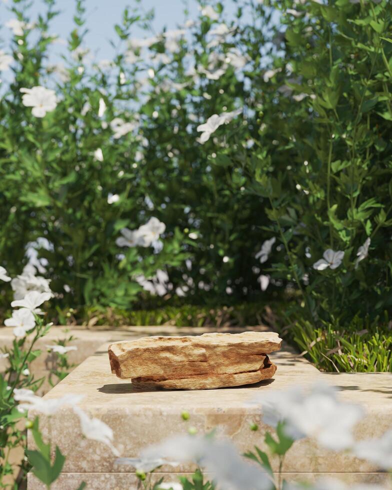 Stones on the marble edge in the garden. Mockup product stand concept. 3D rendering photo