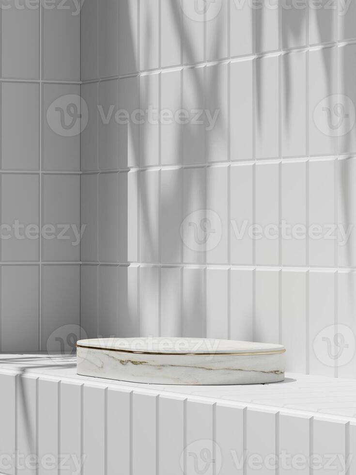 blanco mármol plataforma con blanco parte superior en blanco losas en un soleado baño. 3d representación foto