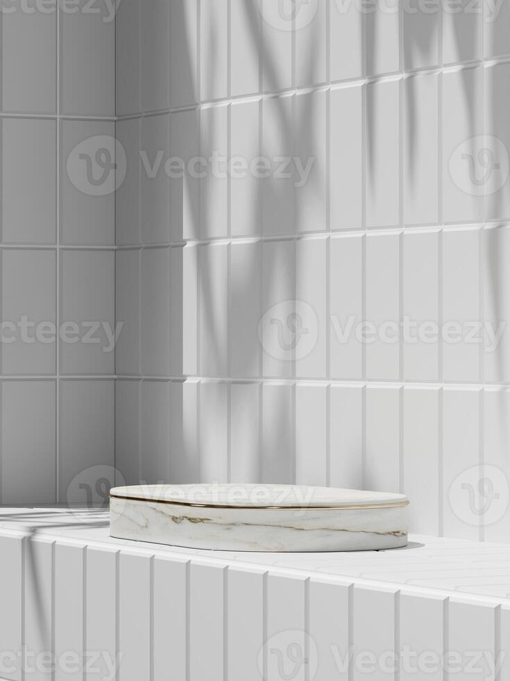 White marble platform with white top on white tiles in a sunny bathroom. 3D rendering photo