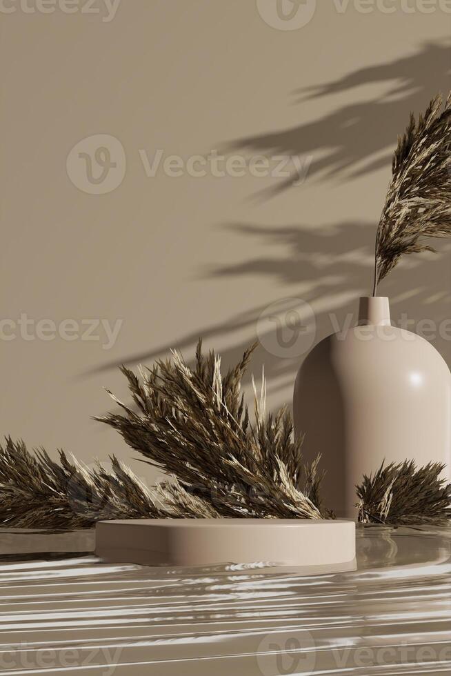 Beige circle platform on water and beige scene. abstract background for product presentation. 3D rendering photo
