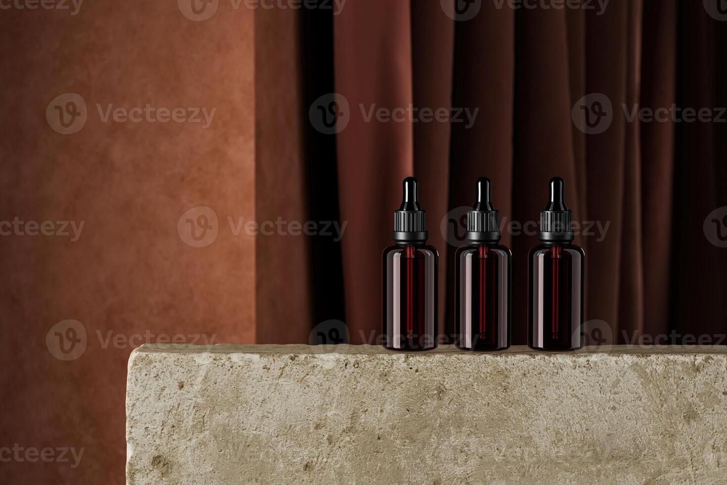 Mockup dropper cosmetic bottle on a stone slab in a backdrop of brown cement and dark curtains. Backdrop for product presentation photo