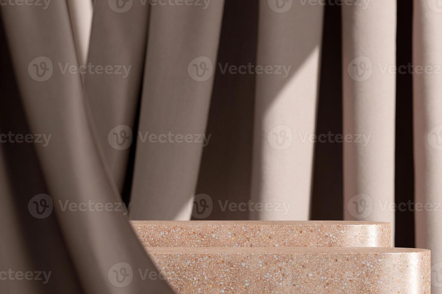 Instead of Terrazzo stone in the backdrop of flowing beige curtains. Choose a focus point. Background for product presentations. 3D illustration photo