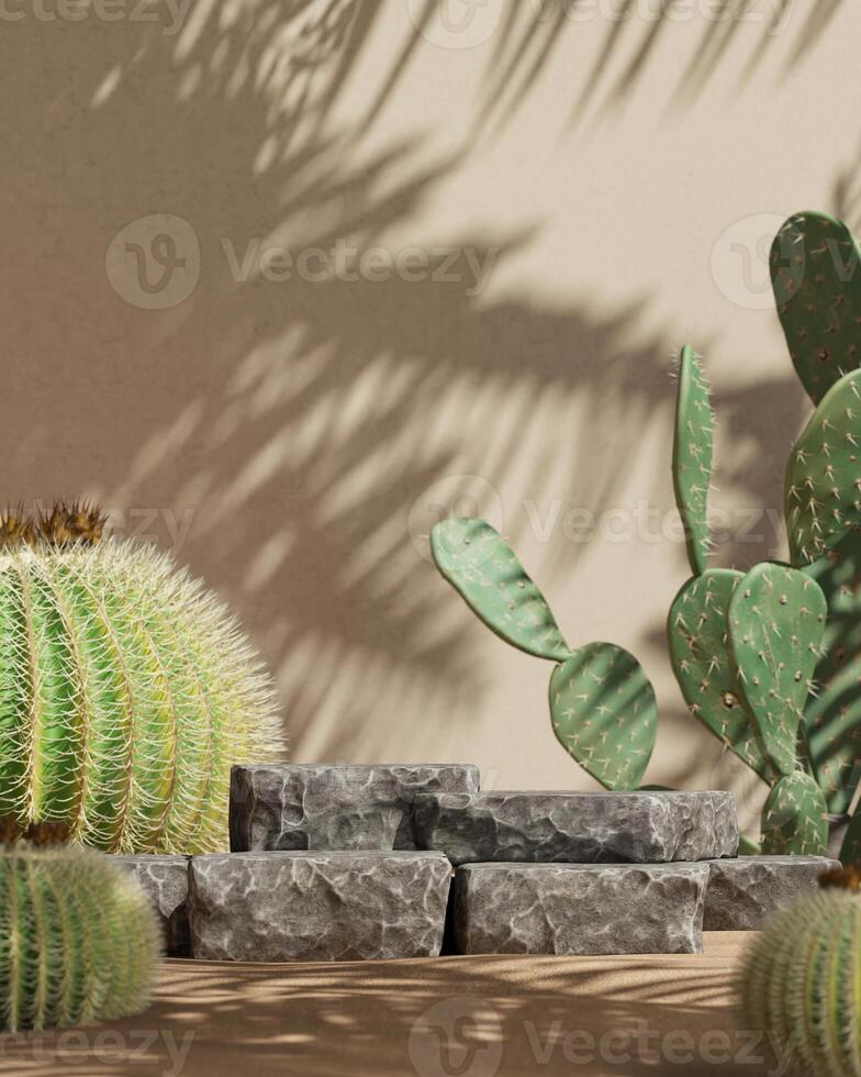 Black stone product stand in the middle of the desert scene, blurred cactus in the foreground. product presentation mockup. 3D rendering photo
