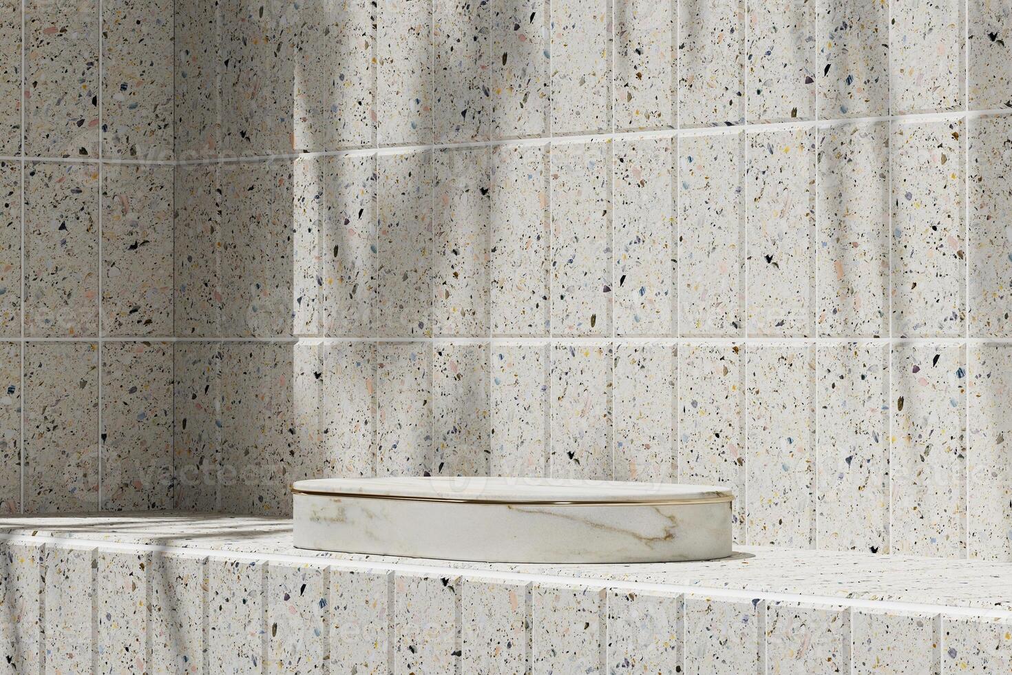 White marble platform with white top on Terrazzo tiles in a sunny bathroom. 3D rendering photo