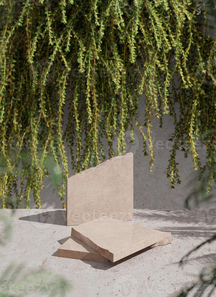 Broken slabs of beige marble stacked on a concrete floor. blur the bushes behind. 3D rendering photo