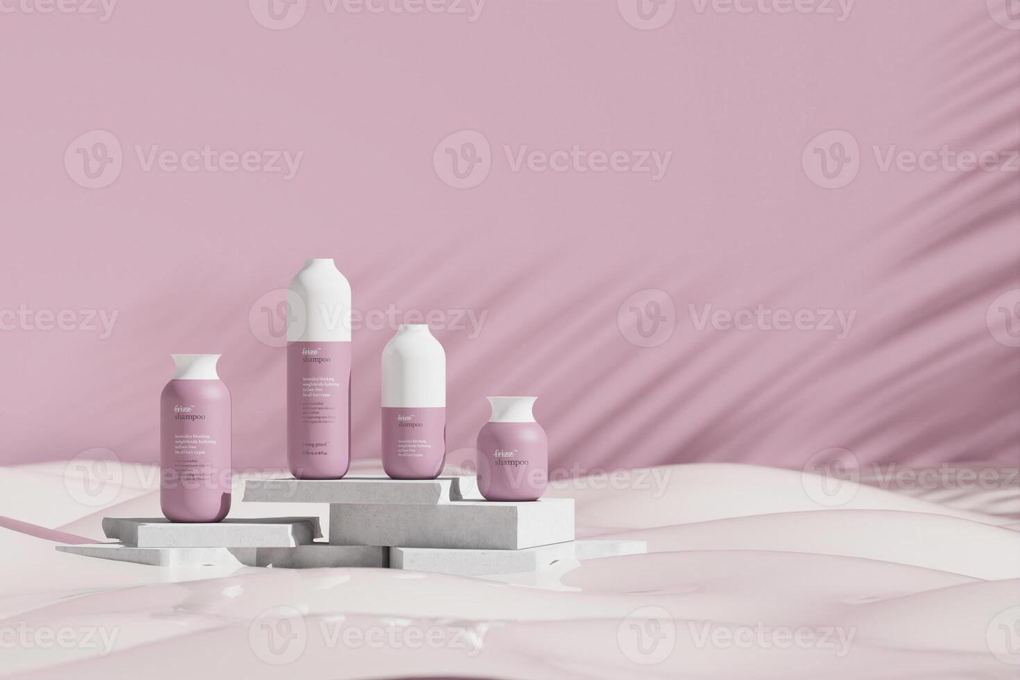 Examples of cosmetic bottles Placed on a white marble slab on a Milk. 3D rendering photo