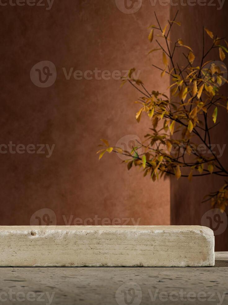 A stone slab is placed on the cement floor. Brown cement backdrop and tree branches. Backdrop for product presentation. 3D illustration photo