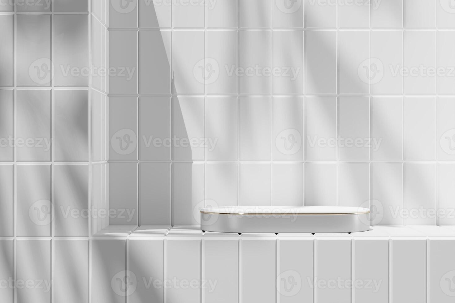 gris plataforma con blanco parte superior en blanco losas en un soleado baño. 3d representación foto